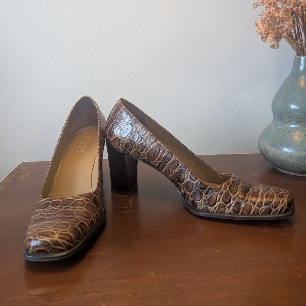 Vintage Franco Sarto Square Toe Leather Croc Heels